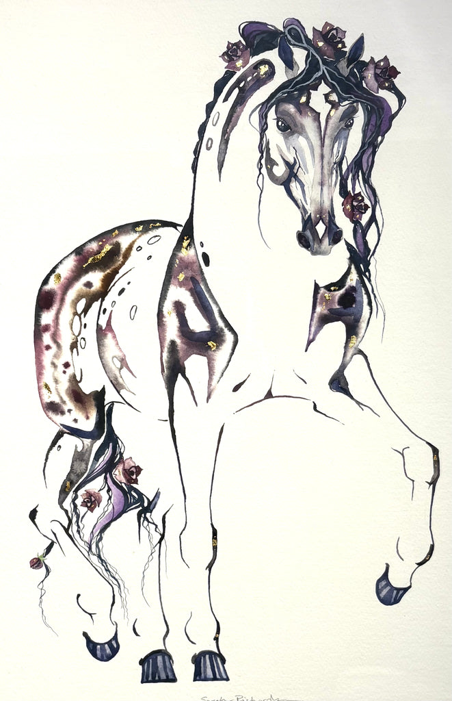 #16 Burgundy Spanish stallion with roses and 23K gold leaf approx 20x26 inches $450.