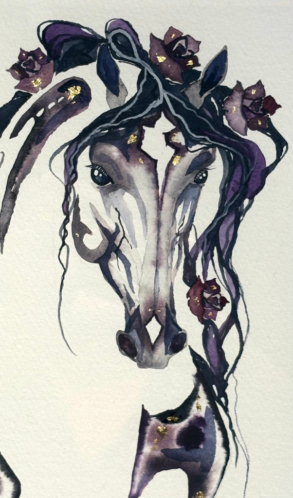 #16 Burgundy Spanish stallion with roses and 23K gold leaf approx 20x26 inches $450.