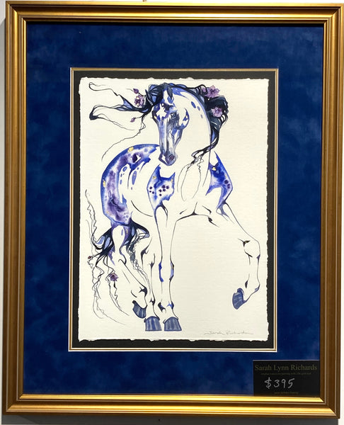 Blue Stallion with Roses Original watercolor painting with 23K gold leaf.