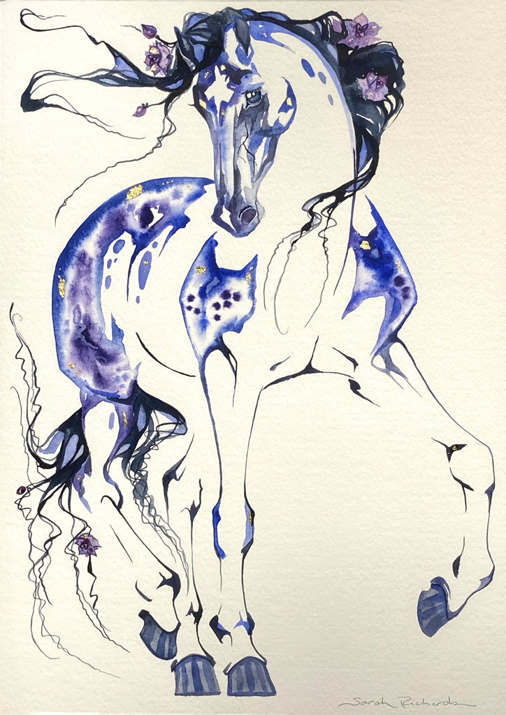 Blue Stallion with Roses Original watercolor painting with 23K gold leaf.