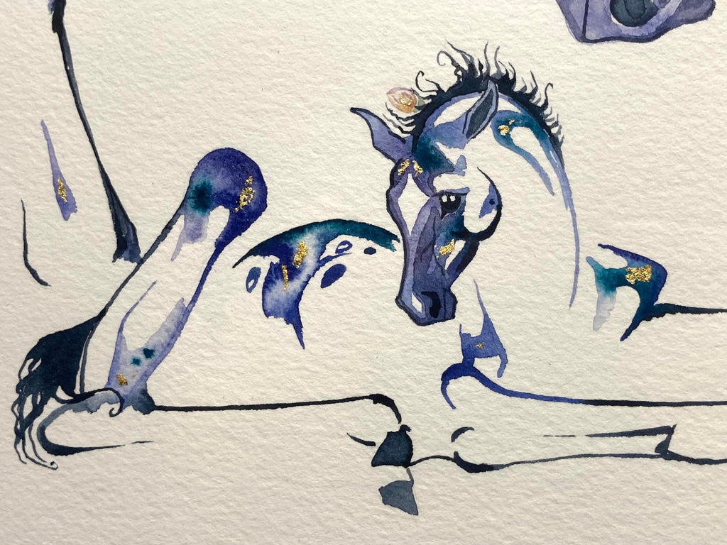 Mare an Foal Original watercolor painting with 23K gold leaf.