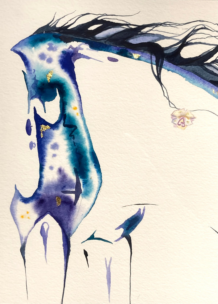 Mare an Foal Original watercolor painting with 23K gold leaf.