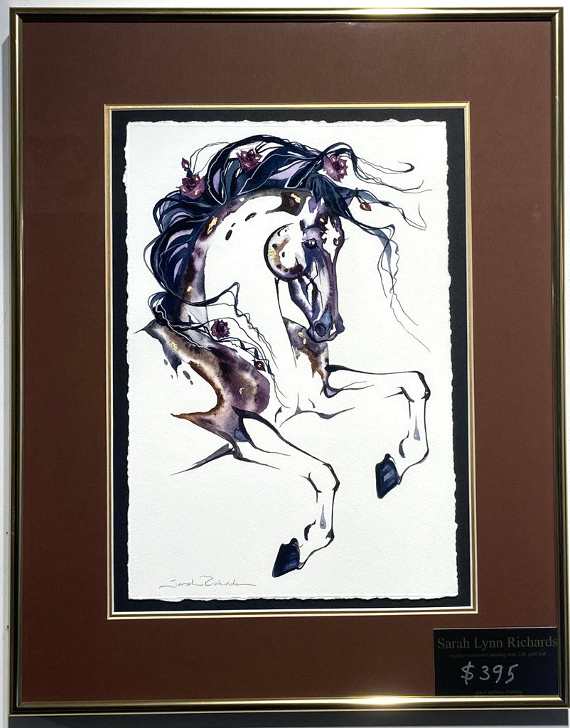 Burgundy Horse Bust with roses Original watercolor painting with 23K gold leaf.