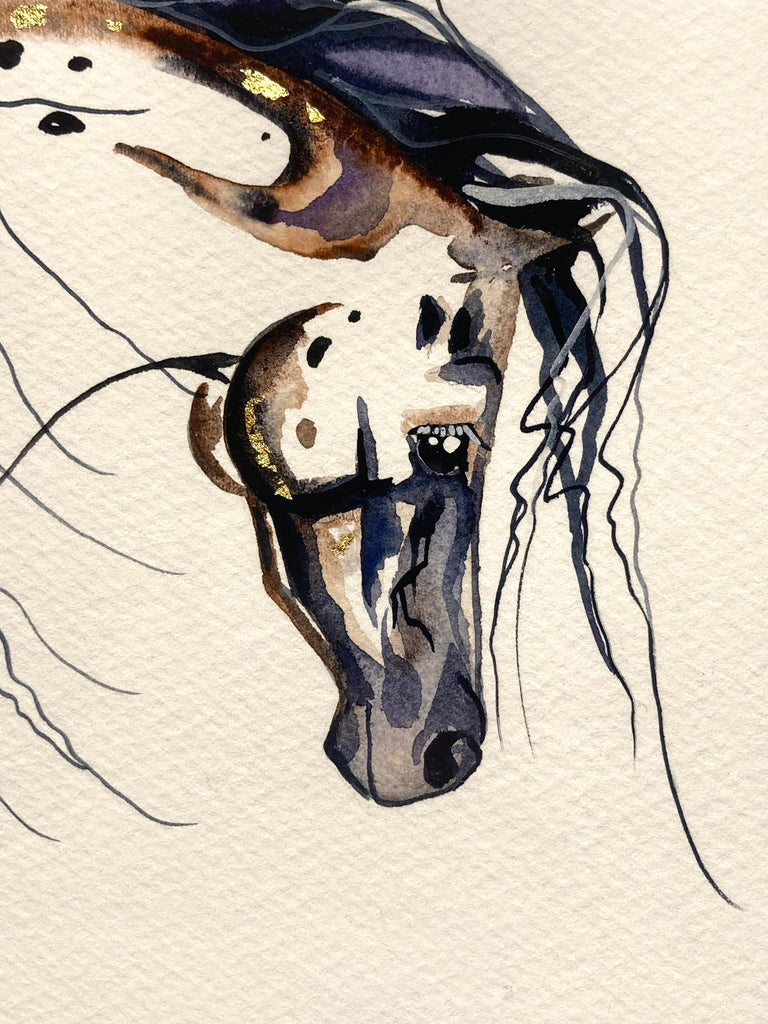 Mare with Hidden Foal Original watercolor painting with 23K gold leaf.