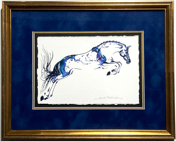 Blue Jumper Hidden Birds Original watercolor painting with 23K gold leaf.