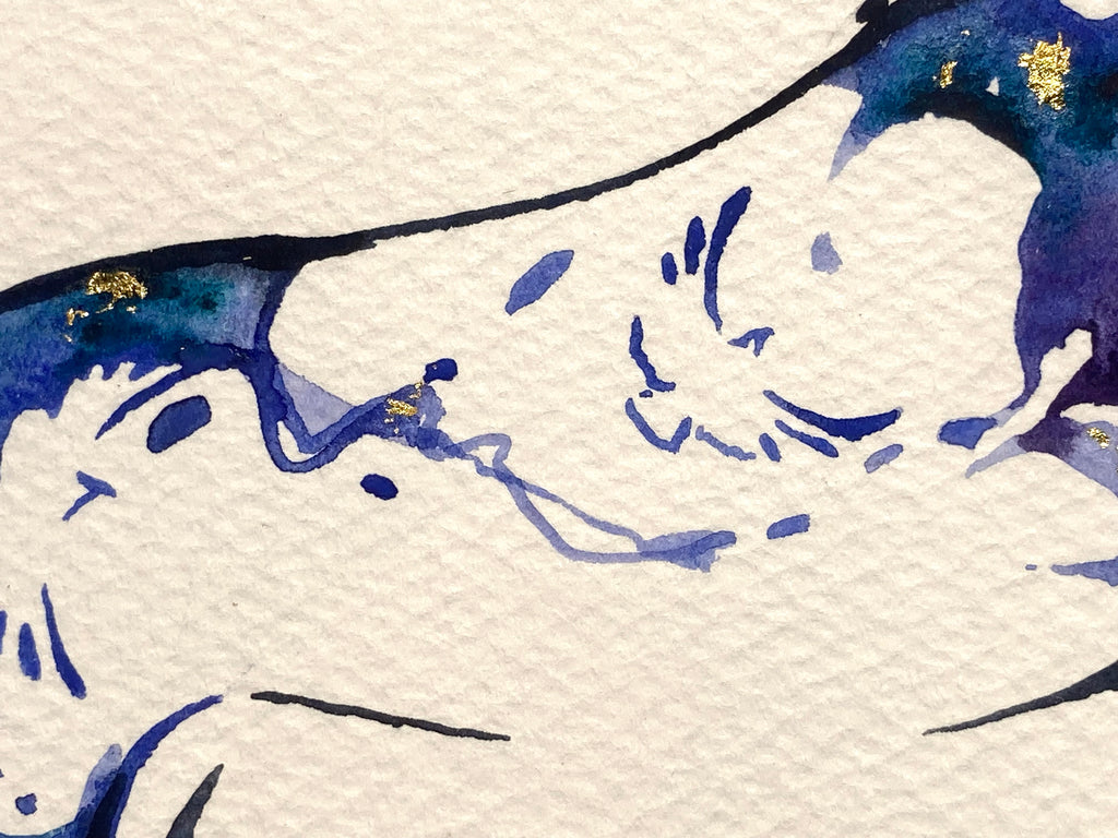 Blue Jumper Hidden Birds Original watercolor painting with 23K gold leaf.