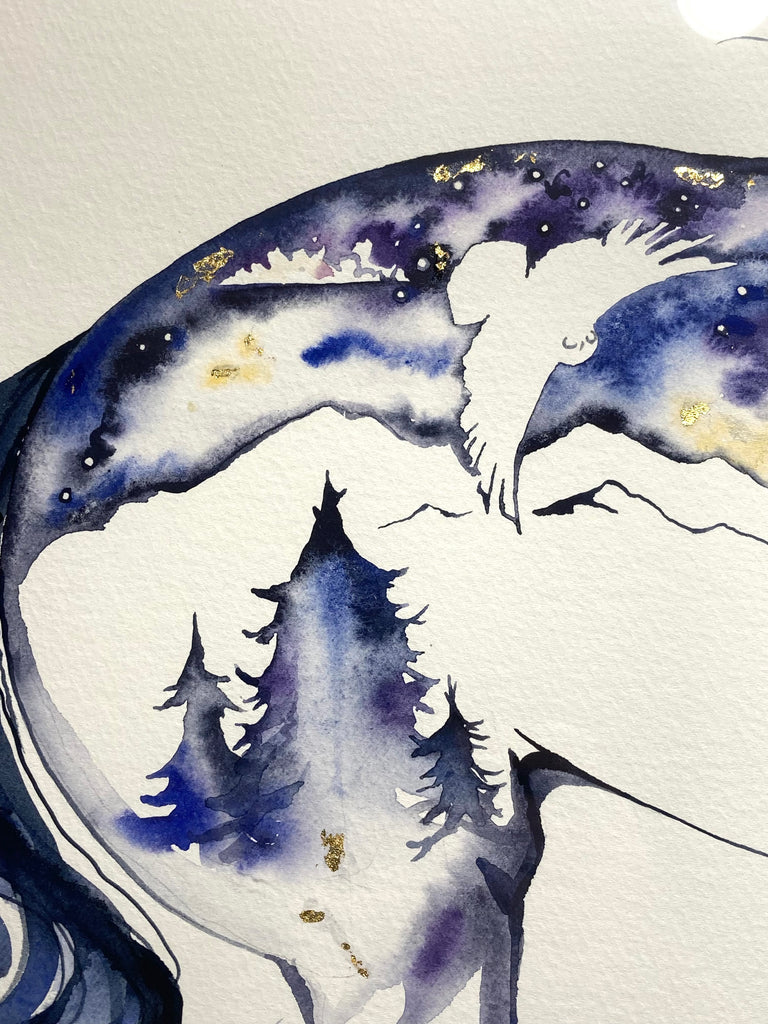 HUGE hidden owl/moon/clouds/stars Original watercolor painting with 23K gold leaf.
