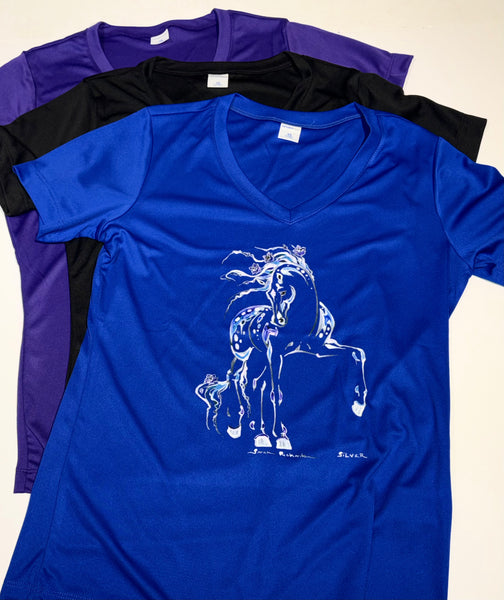 "Silver" image on blue, black, or purple athletic short sleeve shirt WOMEN'S