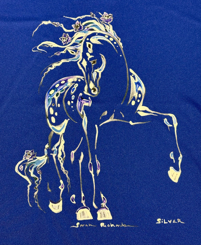 "Silver" image on blue, black, or purple athletic short sleeve shirt WOMEN'S
