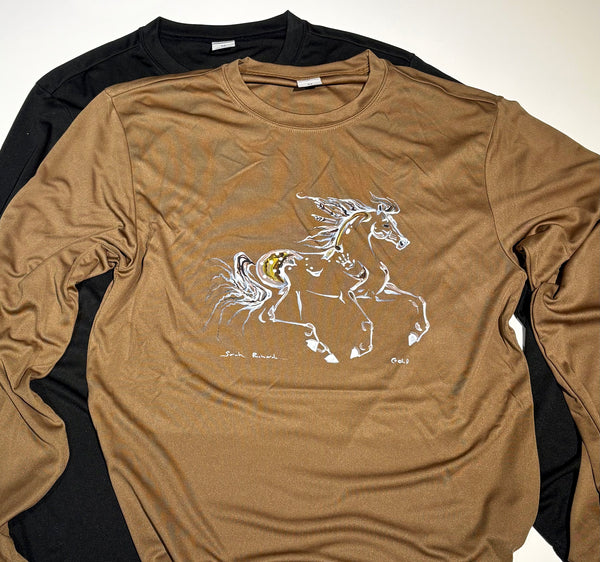 "Gold" image on a tan or black athletic long sleeve shirt UNISEX