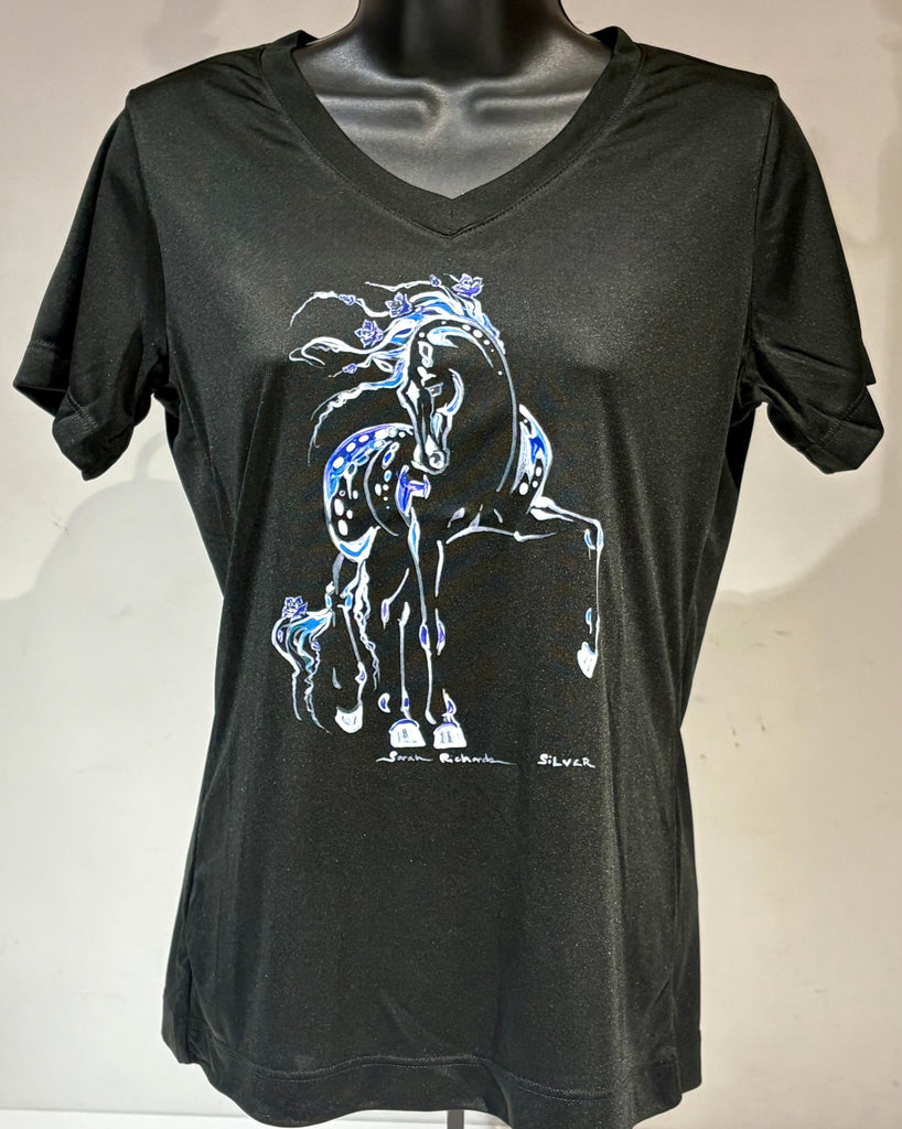 "Silver" image on blue, black, or purple athletic short sleeve shirt WOMEN'S