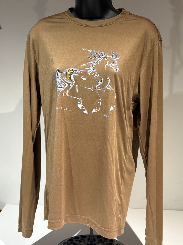 "Gold" image on a tan or black athletic long sleeve shirt UNISEX
