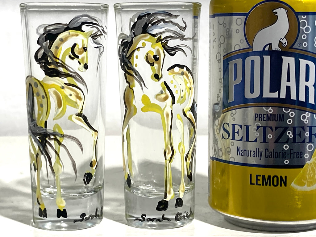 Pair of gold/yellow equine shot glasses